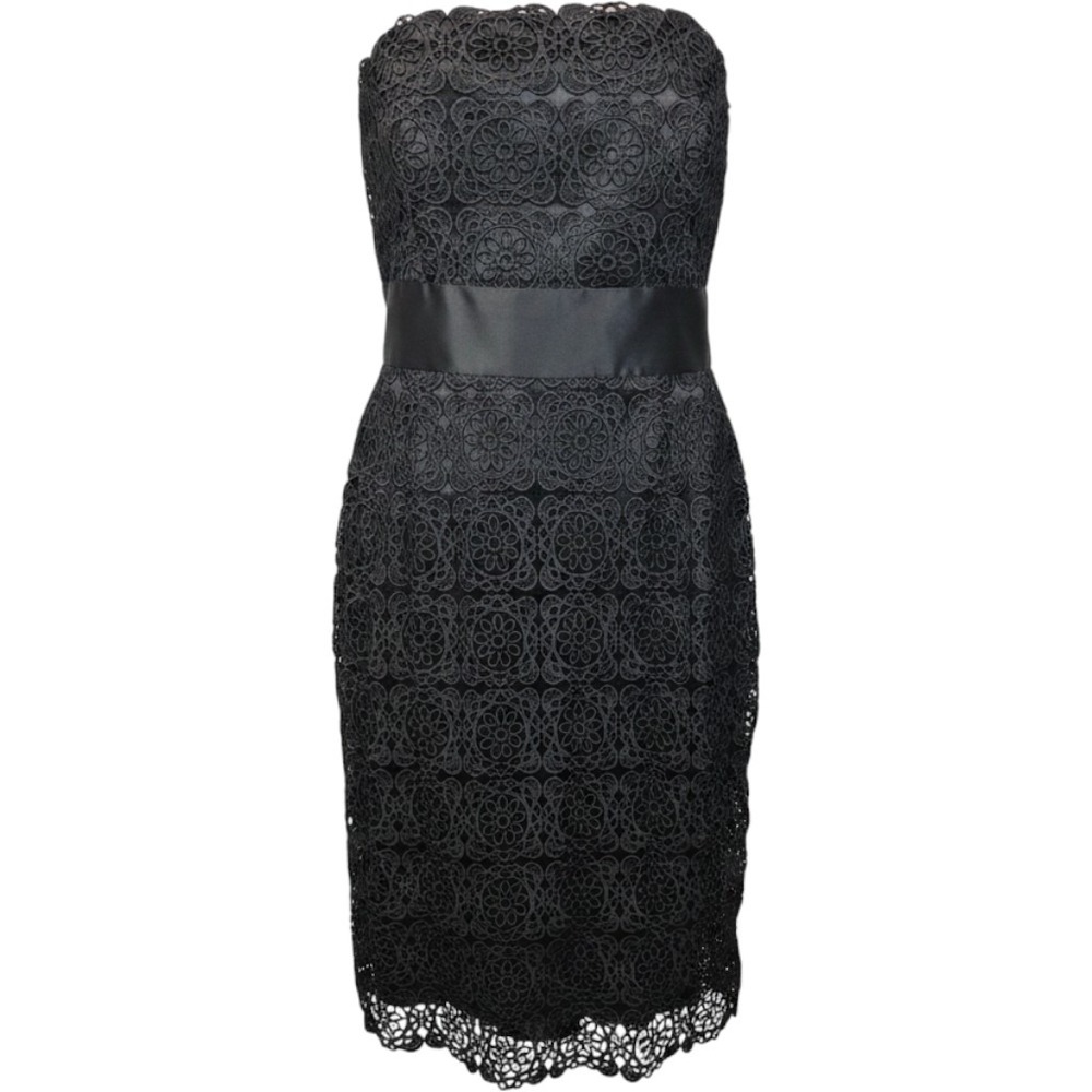 WHBM Strapless Guipure Lace Dress Black Floral Midi Coctail Formal Evening Chic